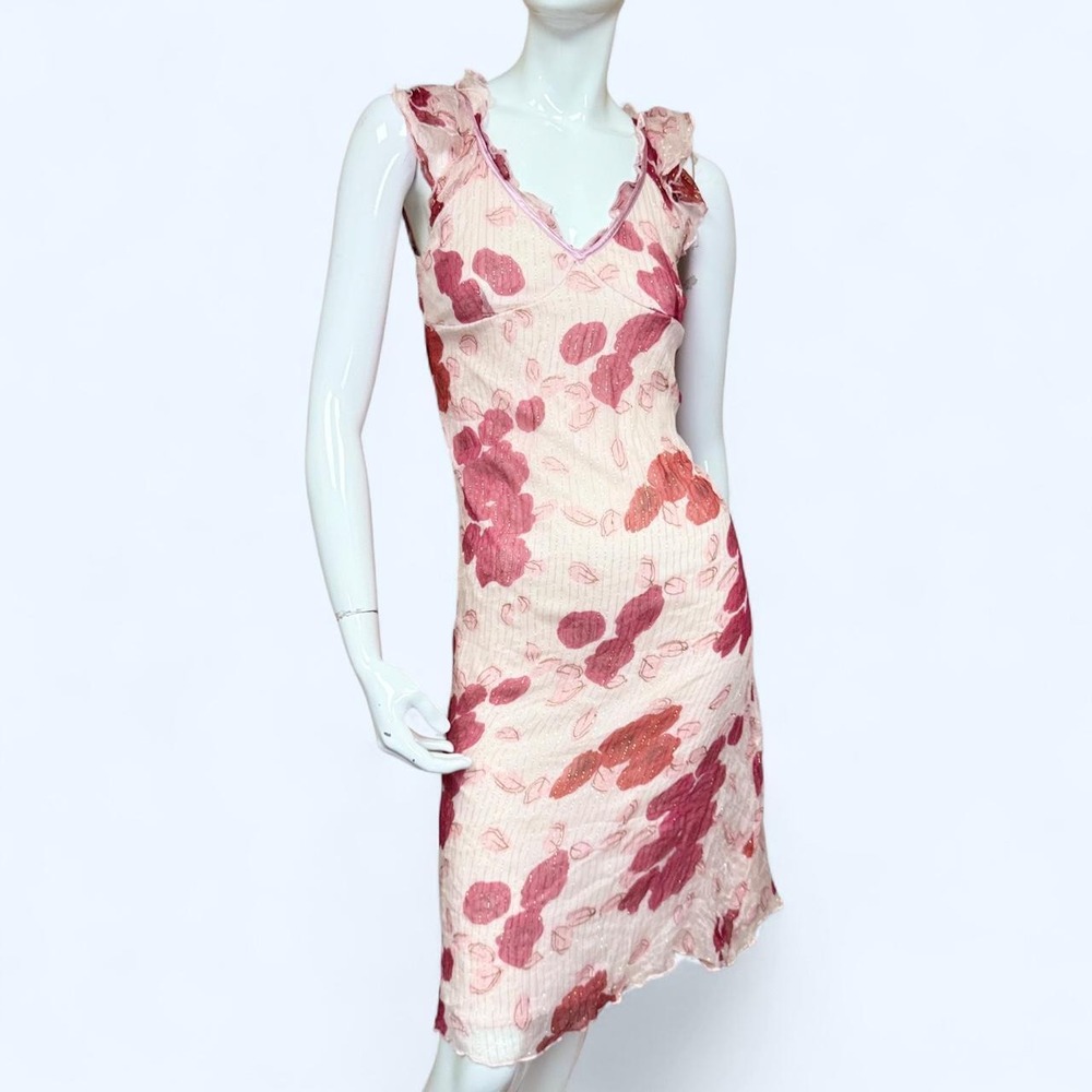 So Nice Fashion Y2K Pink Floral Mesh Midi Slip Dress Fairycore Ruffle S M